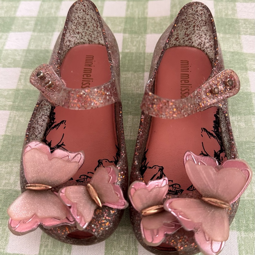 Mini Melissa Pink Glitter Jelly Mary Janes with Butterfly Appliqués